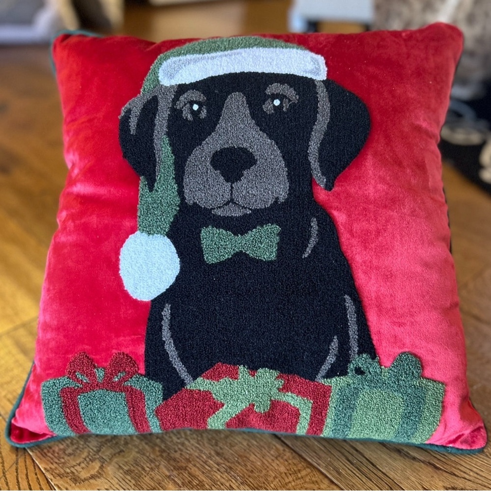 Christmas Black Dog Pillow with Red and Green Accents Red Velvet and Green Cord